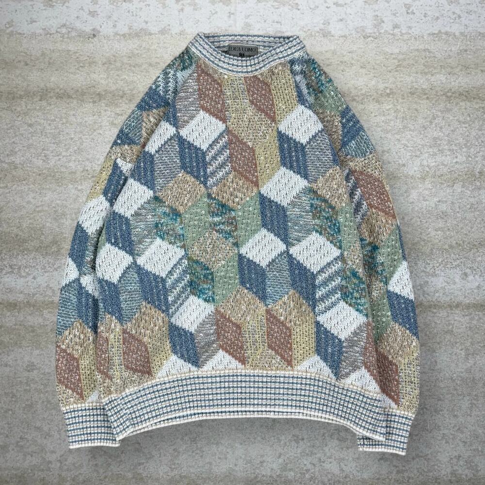 Vintage Sweater Geometric Pastel Acrylic Crewneck Pullover Made in Italy 90s